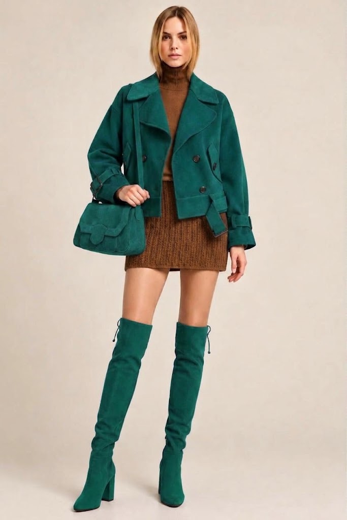 Women's emerald green custom-made thigh-high boots with round toe and high block heel- Top view